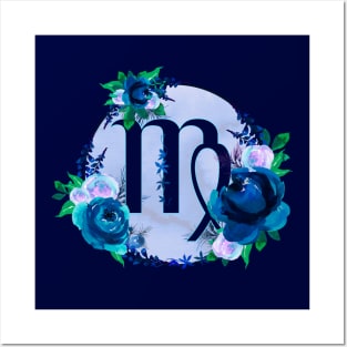 Virgo Zodiac Horoscope Blue Floral Monogram Posters and Art